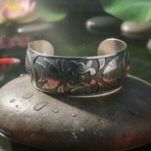 36.46g Pure 999 Fine Silver Chinese Fish & Lotus Cuff  Wenyin Mark 纹银 Prosperity
